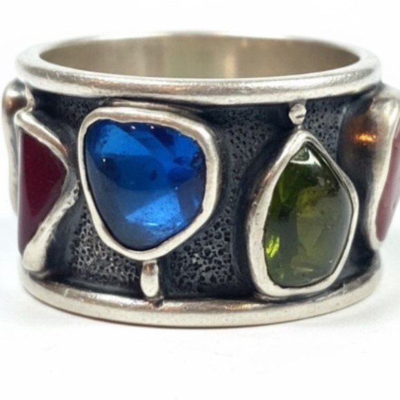 Modernist H. Fred Skaggs MCM Sterling Silver Signed Ring Multi Tourmaline Size 7 - Picture 2 of 15